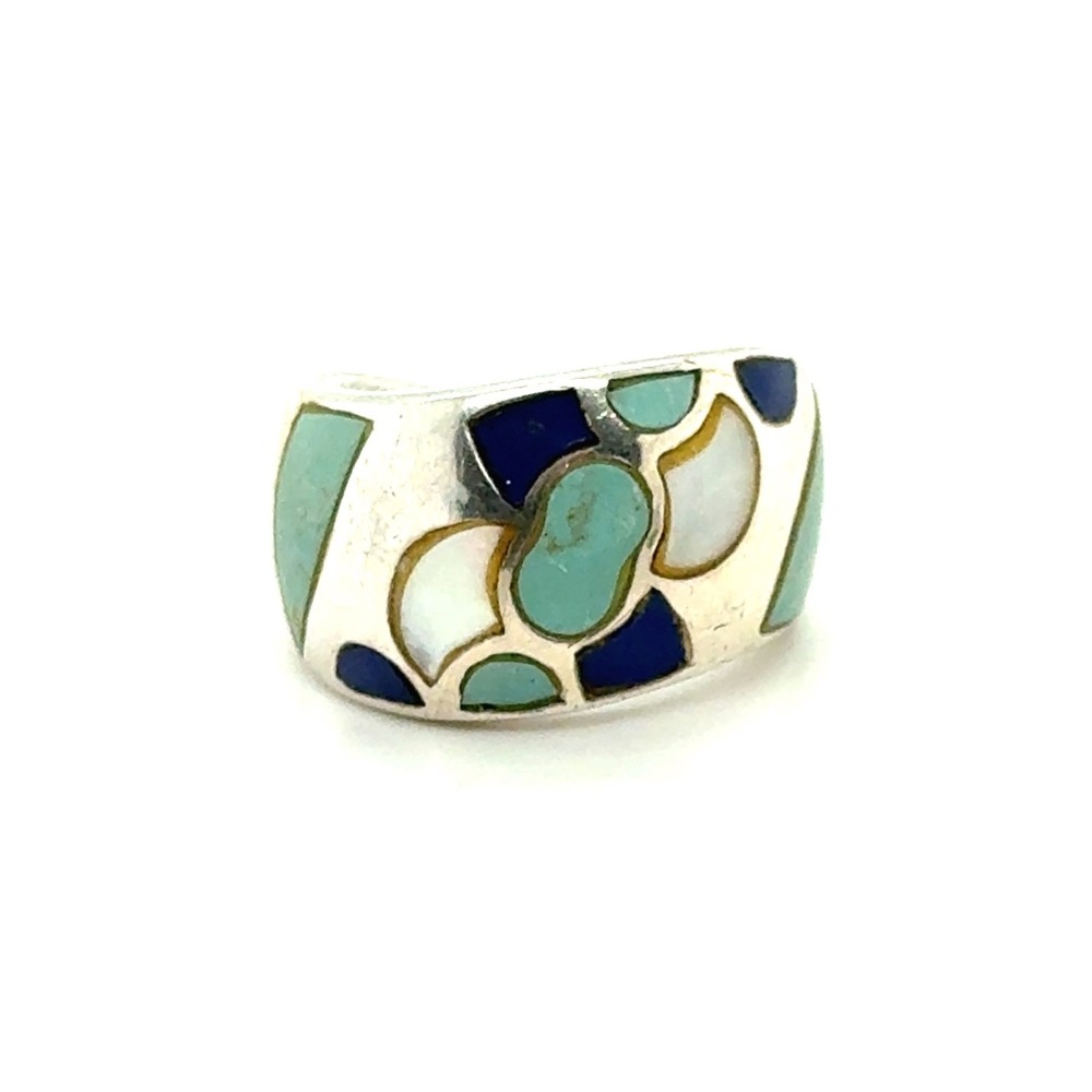 Sterling Silver 925 Mosaic Inlay Ring Turquoise Lapis Mother of Pearl Size 8
